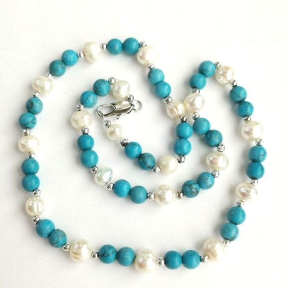Turquoise White Freshwater Pearl Necklace 🆕 - Picture 2 of 7